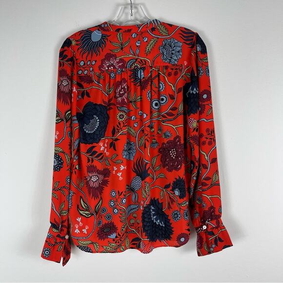 Loft orange blue floral chiffon pleated preppy office button blouse oversized XS - Picture 7 of 7